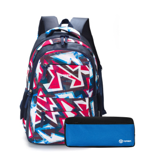 Рюкзак TORBER CLASS X, темно‑синий с розовым орнаментом, полиэстер, 45 x 30 x 18 см + Пенал в подаро