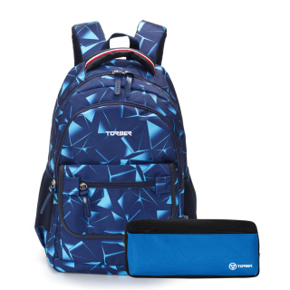 Рюкзак TORBER CLASS X, темно‑синий с орнаментом, полиэстер, 45 x 30 x 18 см + Пенал в подарок!