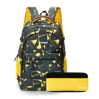 Рюкзак TORBER CLASS X, черно‑желтый с орнаментом, полиэстер, 45 x 30 x 18 см + Пенал в подарок!