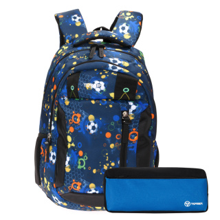 Рюкзак TORBER CLASS X, черно‑синий с рисунком "Мячики", полиэстер, 45 x 32 x 16 см + Пенал в подарок