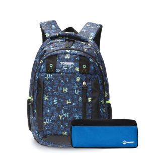 Рюкзак TORBER CLASS X, темно‑синий с рисунком "Буквы", полиэстер, 45 x 32 x 16 см + Пенал в подарок!