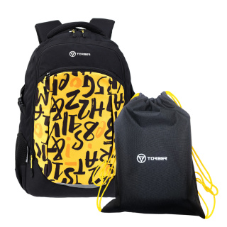 Рюкзак TORBER CLASS X, черно‑желтый с принтом, 46 x 32 x 18 см + Мешок для сменной обуви в подарок!